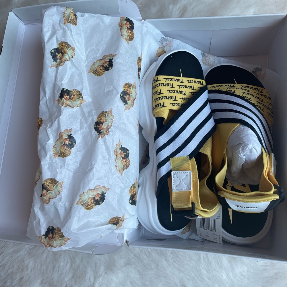 adidas x Fiorucci Black and Yellow Striped Sandals BRAND NEW